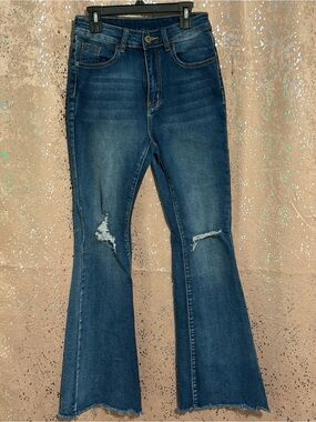 SHEIN Dark Blue Distressed Flare Jeans